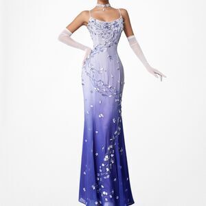 Vintage Y2K Purple Ombre Floral Applique Beaded Maxi Formal Prom Dress Size S